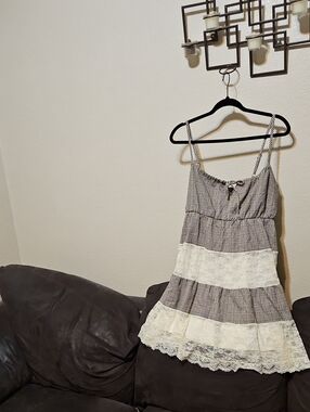 Gingham Lace-Trim Spaghetti Strap Mini Dress - Black, Brown & Cream